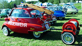 Vintage Red BMW Isetta Fire Truck with Hose Trailer