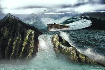 Digital Art of Noah's Ark on Stormy Mountains