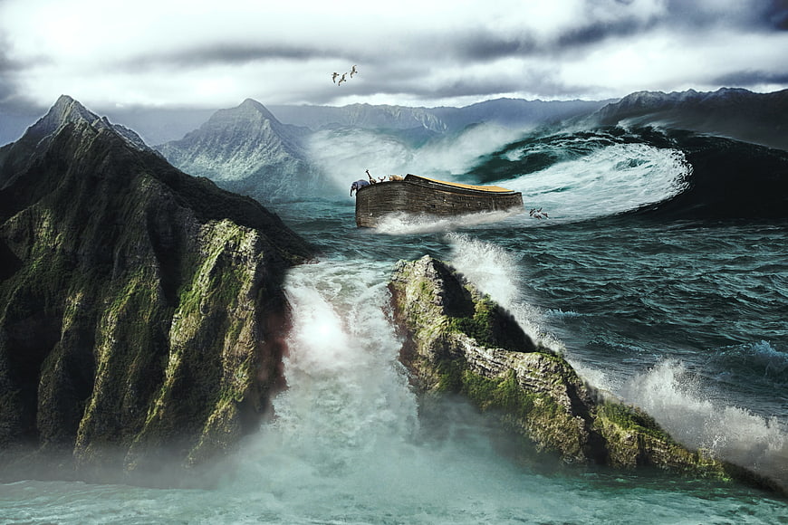 Digital Art of Noah's Ark on Stormy Mountains