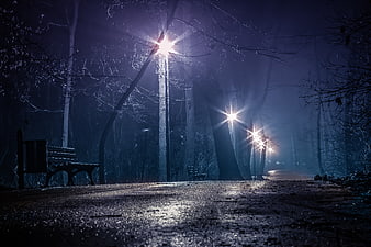 Mysterious foggy park path at night with streetlights