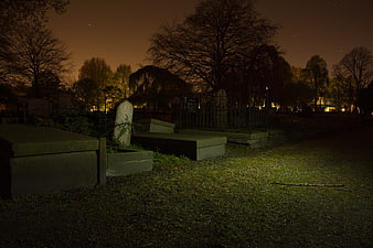 Spooky Night Cemetery with Tombstones and Bare Trees