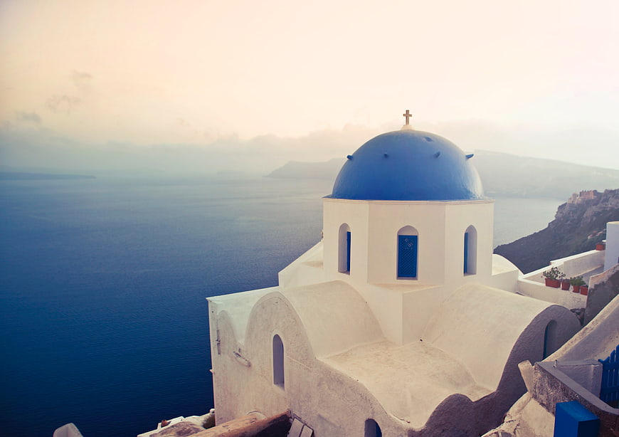 Iconic Blue Dome Church in Santorini, Greece