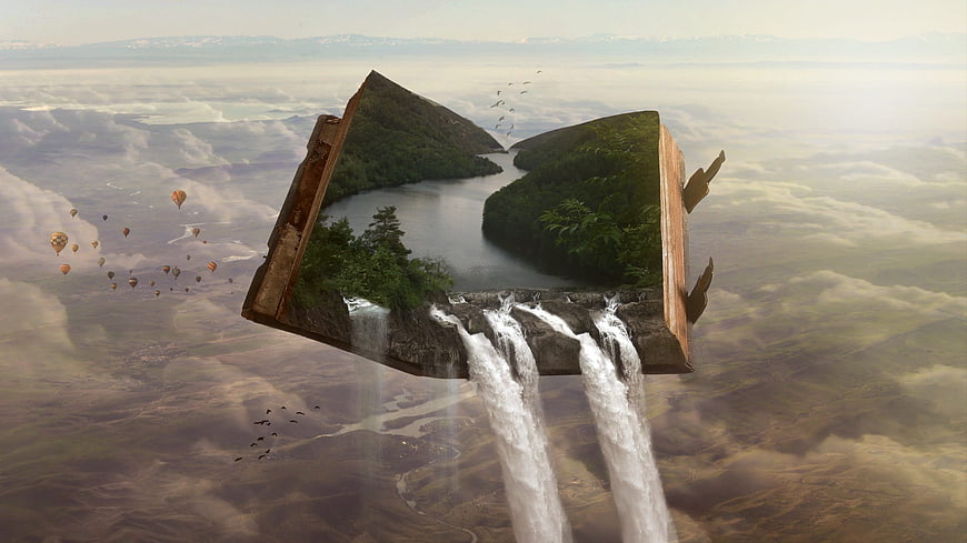 Surreal floating landscape with waterfall and hot air balloons