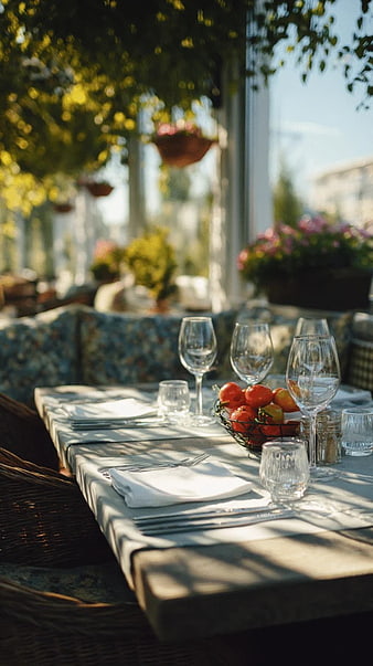 Sunlit Outdoor Dining Table with Fresh Tomatoes and Wine Glasses
