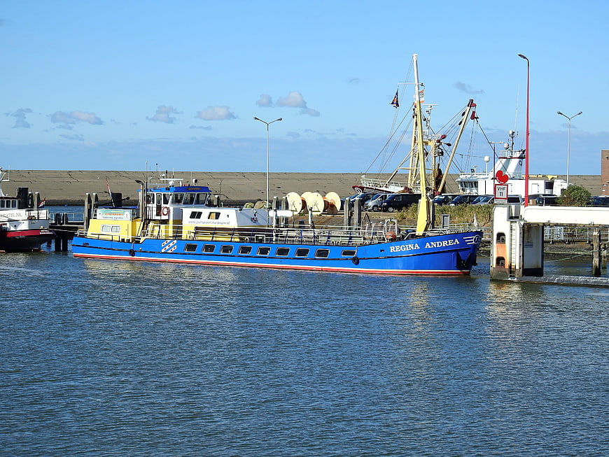 Blue and yellow passenger boat Regina Andrea in Dutch harbor