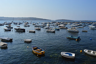 Boats Anchored in Calm Blue Harbor Waters