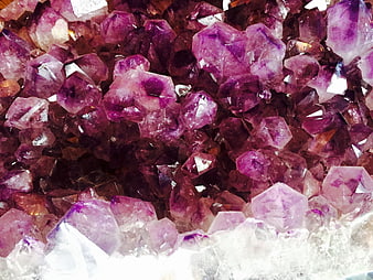 Close-up of purple amethyst crystal cluster with white quartz base