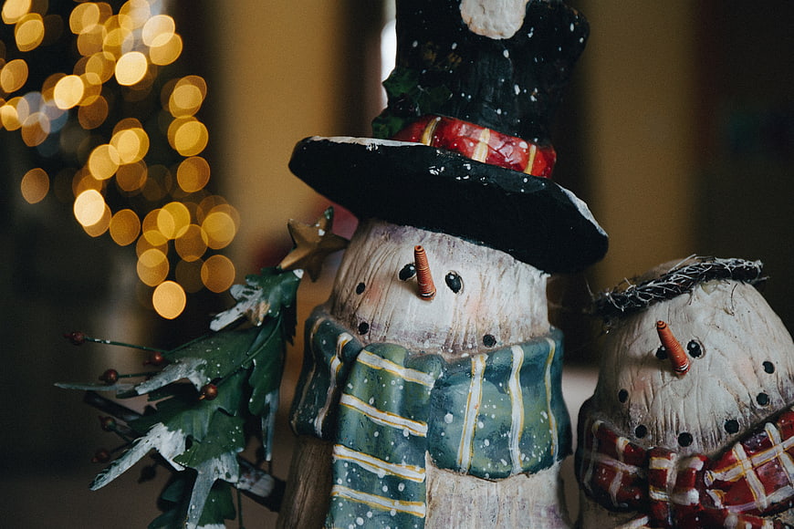 Rustic Wooden Snowman Figurines with Christmas Lights