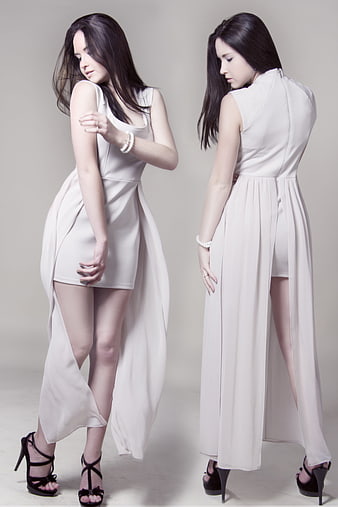 Fashion model in white dress front and back view studio