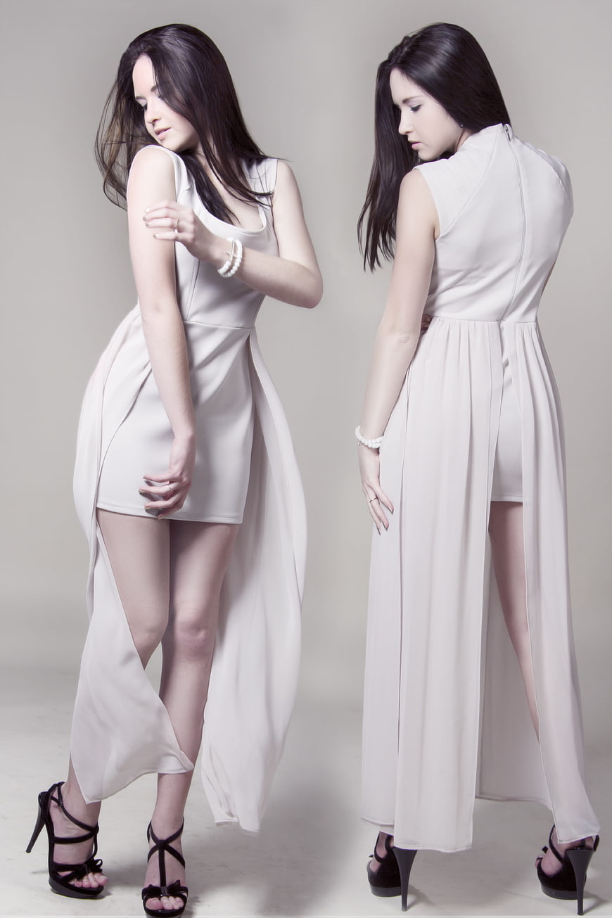 Fashion model in white dress front and back view studio