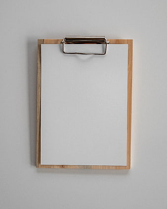 Top View of Wooden Clipboard with Blank Paper on Gray Background