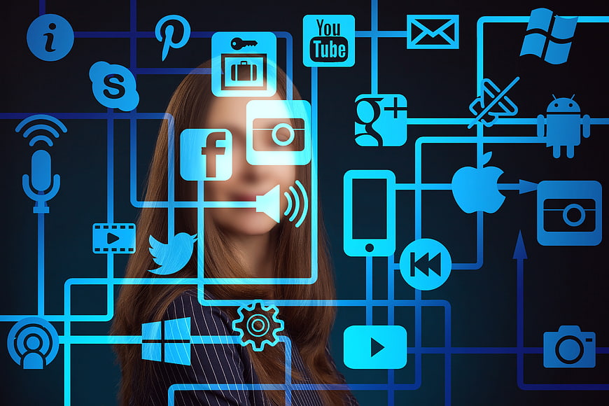 Woman with digital social media icons and network connections