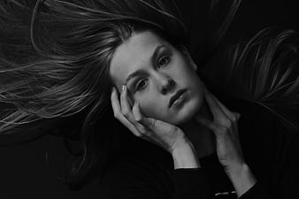 Dramatic Black and White Portrait of Woman with Flowing Hair