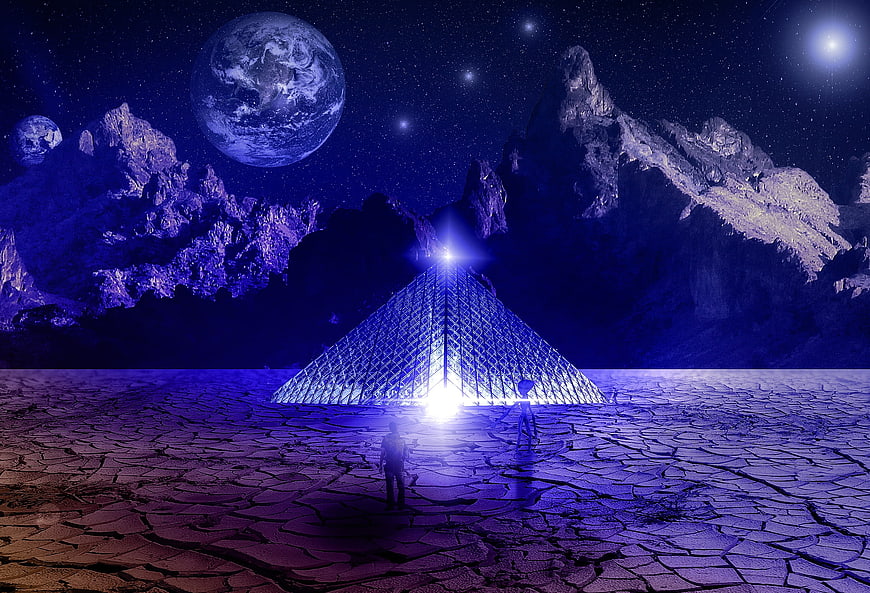 Sci-fi alien pyramid on cracked desert planet with Earth in sky
