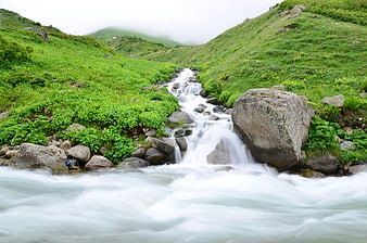 Flowing Mountain Stream Through Lush Green Valley