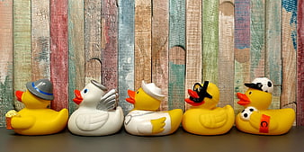 Five Costumed Rubber Ducks on Rustic Multicolored Wooden Background