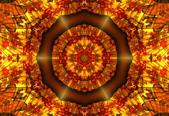 Abstract Kaleidoscope Pattern with Red and Gold Floral Motifs