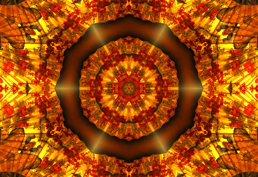 Abstract Kaleidoscope Pattern with Red and Gold Floral Motifs