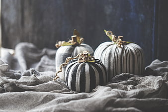 Rustic Striped Fabric Pumpkins on Linen Cloth
