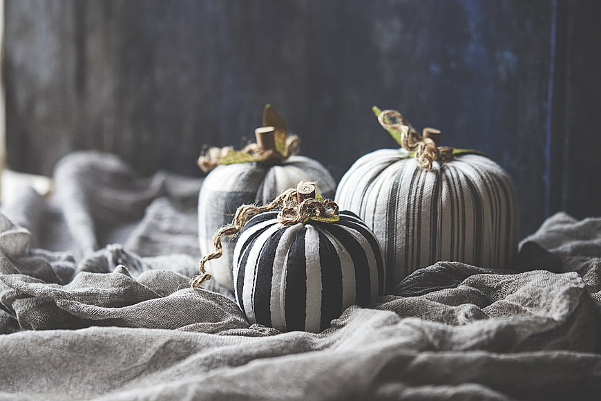 Rustic Striped Fabric Pumpkins on Linen Cloth