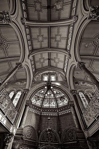 Black and white interior of historic Brighton Synagogue ceiling