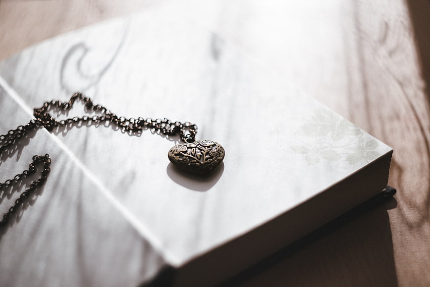 Vintage Heart Locket Necklace on Open Book