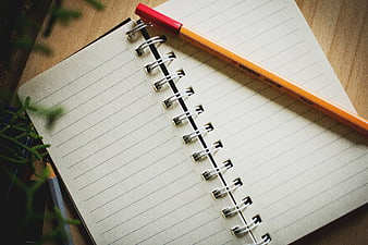 Orange Pen on Spiral Notebook with Plant
