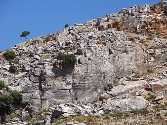 Rugged rocky cliff face with sparse trees against blue sky