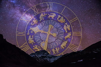 Golden Zodiac Clock Superimposed on Starry Night Sky