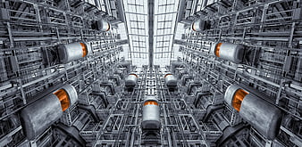 Futuristic elevator shaft interior with orange accents