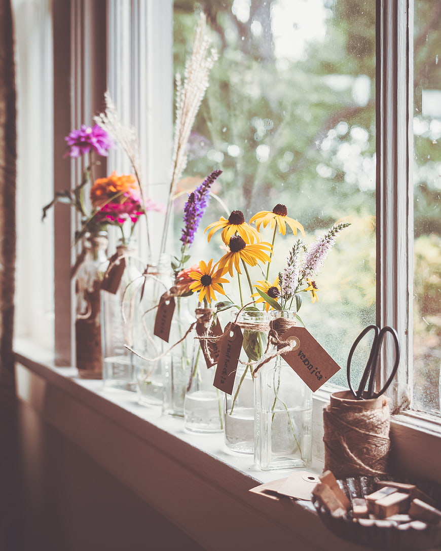 Colorful wildflowers in glass jars on a sunny windowsill