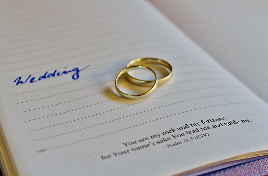 Gold wedding rings on open Bible with Psalm 31:3