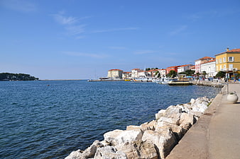 Sunny coastal town harbor with boats and colorful buildings