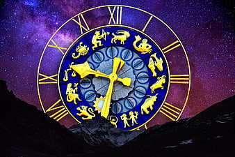 Golden Zodiac Clock Against Starry Night Sky
