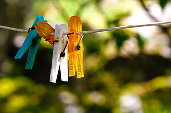 Colorful Plastic Clothespins on a Clothesline