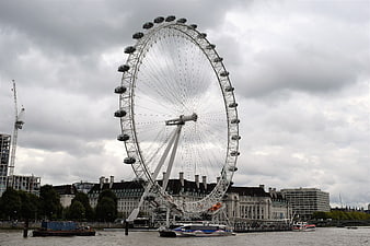 London Eye Ferris Wheel on River Thames Under Cloudy Sky