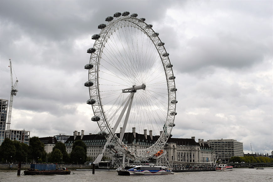 London Eye Ferris Wheel on River Thames Under Cloudy Sky