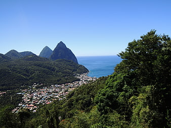 Aerial View of Saint Lucia Pitons and Coastal Town