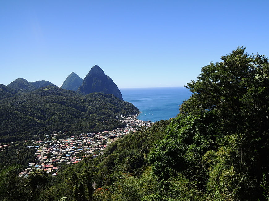 Aerial View of Saint Lucia Pitons and Coastal Town