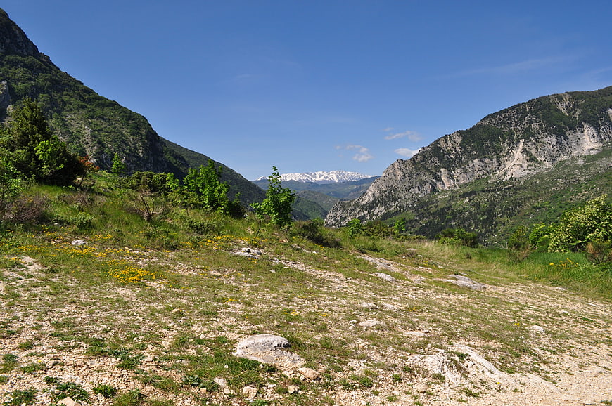 Scenic Mountain Valley Landscape with Snow-Capped Peaks