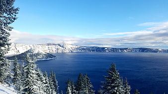 Snowy Crater Lake Winter Landscape with Pine Trees