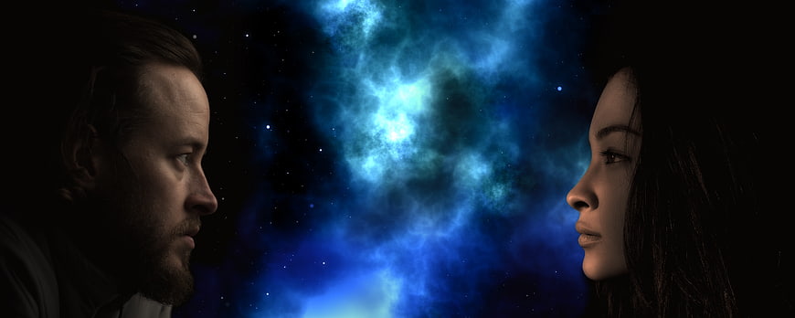 Man and Woman Facing Each Other Against Cosmic Nebula Background