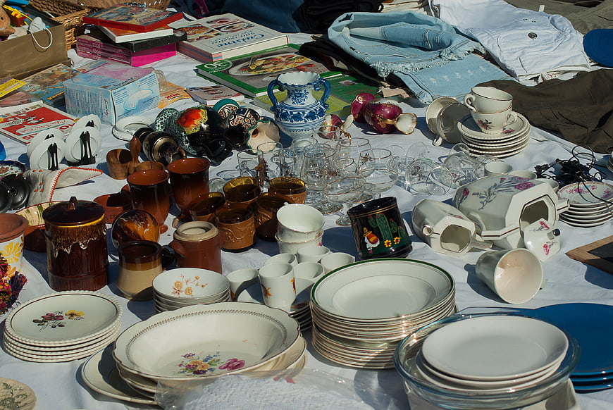 Vintage dishes and antiques at a flea market