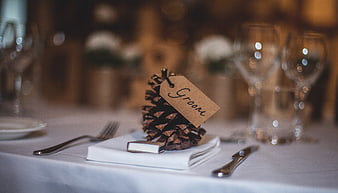 Rustic Wedding Table Setting with Pinecone Place Card