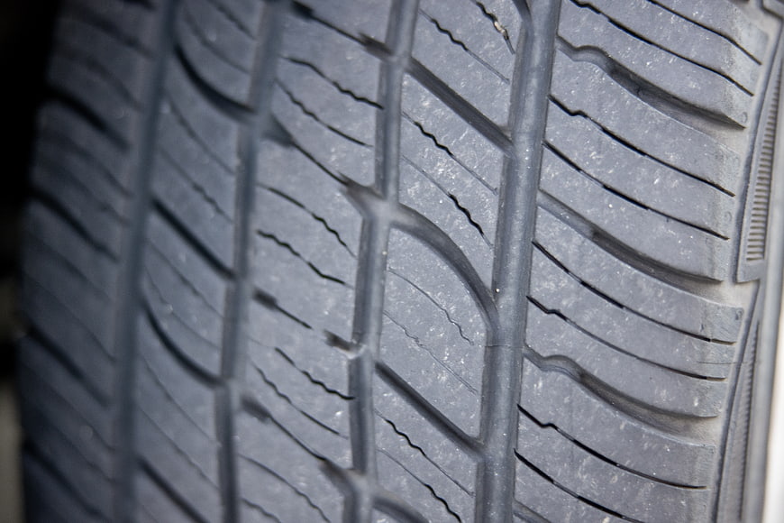 Close-up of car tire tread pattern and rubber texture