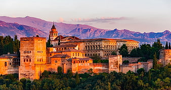 Alhambra Palace and Charles V in Granada, Spain at Sunset