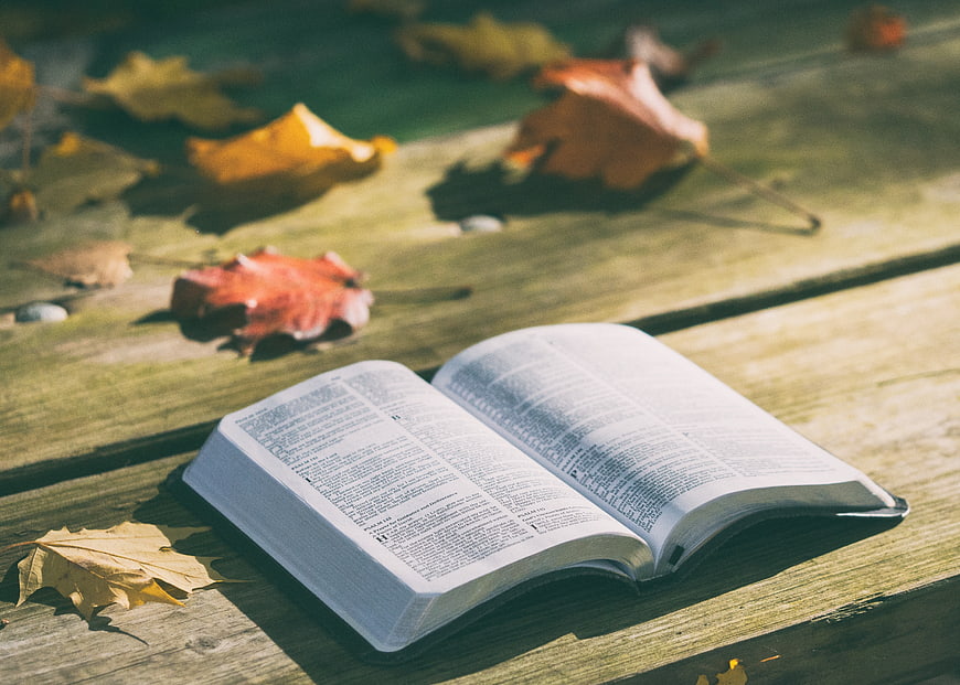 Open Bible on Wooden Table with Autumn Leaves