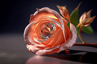3D Render of Orange Rose with Diamond Center