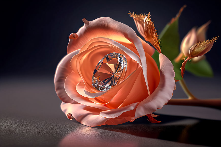 3D Render of Orange Rose with Diamond Center
