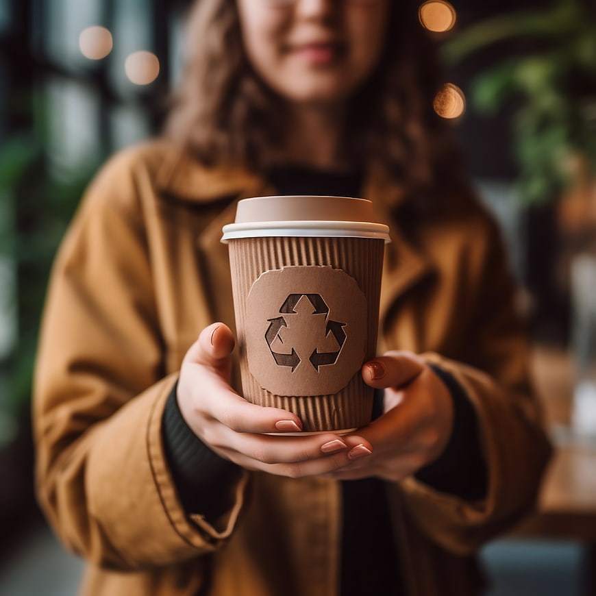 Woman holding eco-friendly recycled coffee cup
